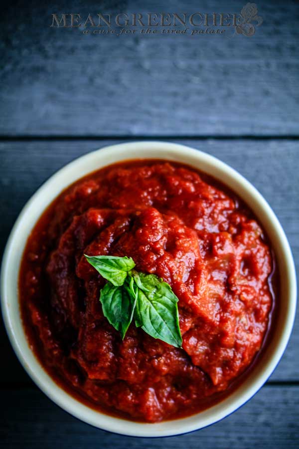 Overhead Photo of Authentic Italian Red Sauce with Pork