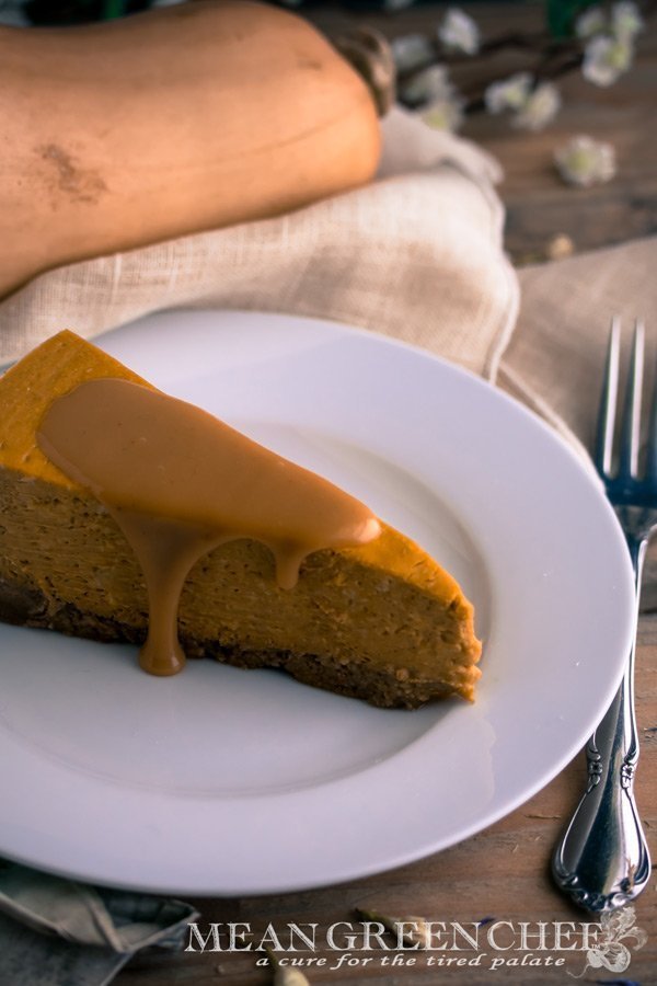 Pumpkin Spice Cheesecake with Caramel Sauce Recipe | Mean Green Chef