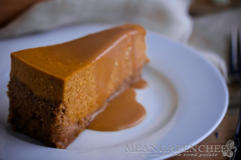 Pumpkin Spice Cheesecake with Caramel Sauce Recipe | Mean Green Chef