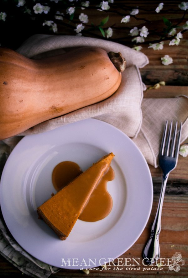 Pumpkin Spice Cheesecake with Caramel Sauce Recipe | Mean Green Chef