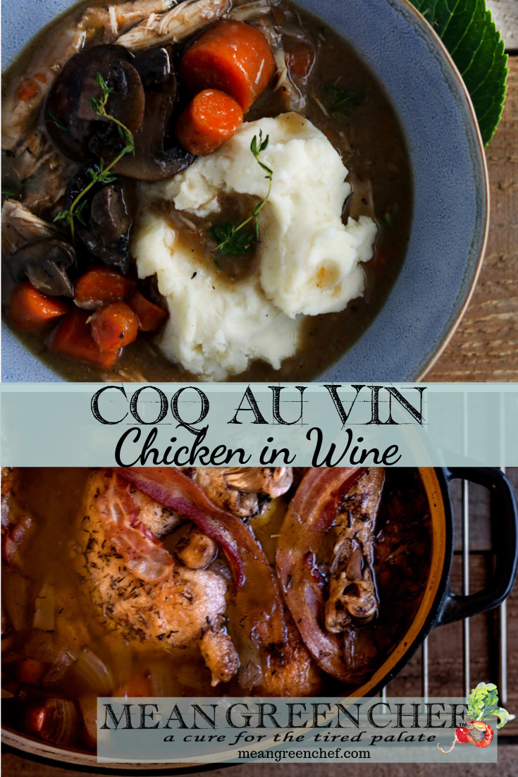 Coq Au Vin recipe shown in a blue bowl and Dutch Oven.