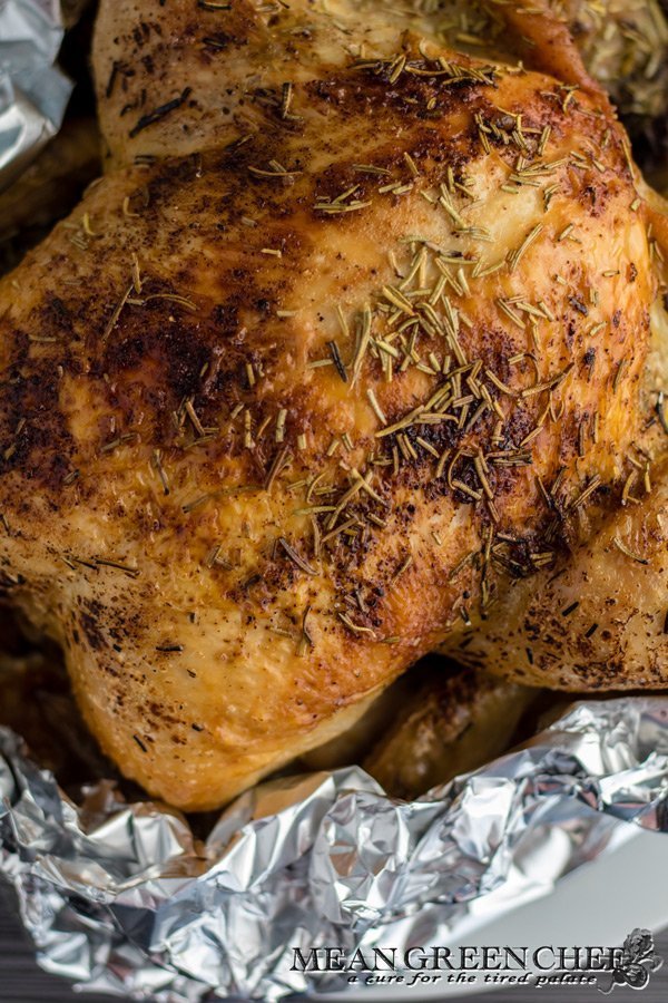 Roast Chicken for Double Crust Chicken Pot Pies sitting in heavy-duty aluminum foil. Mean Green Chef
