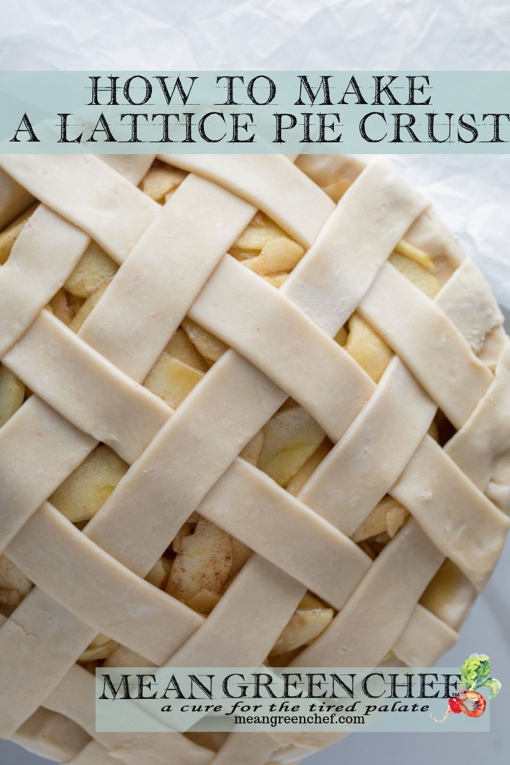 Overhead photo of Lattice Pie Crust over a caramel apple pie, photographed on a parchment paper background. Mean Green Chef