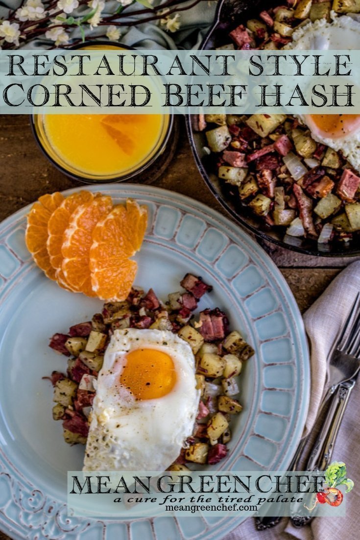 Overhead shot of Restaurant Style Corned Beef Hash topped with sunny side up eggs.