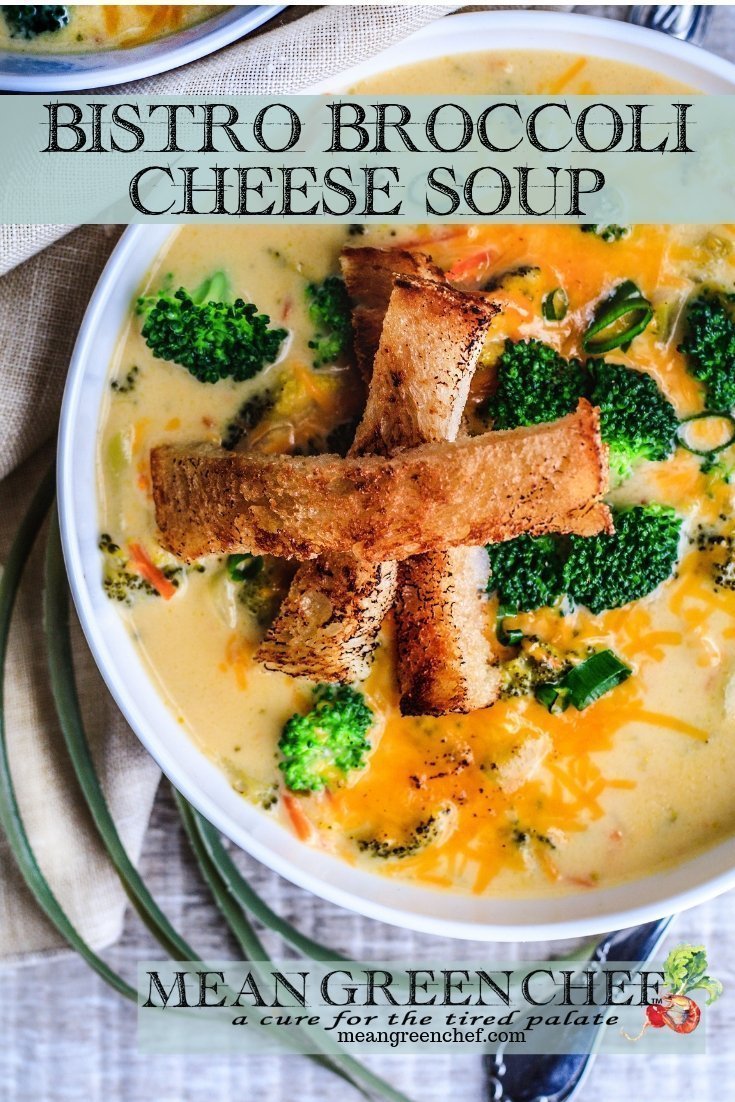 Bistro Broccoli Cheese Soup in large white bowl with grilled sourdough bread slices.