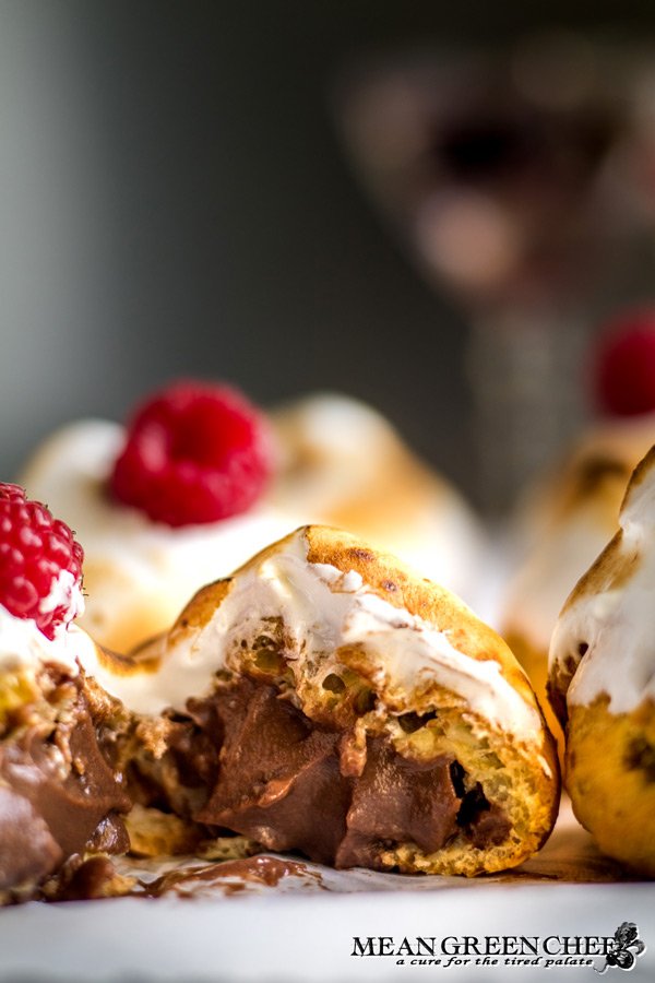 Cream Puffs filled with Rich Chocolate Creme Patissiere Pastry Cream.