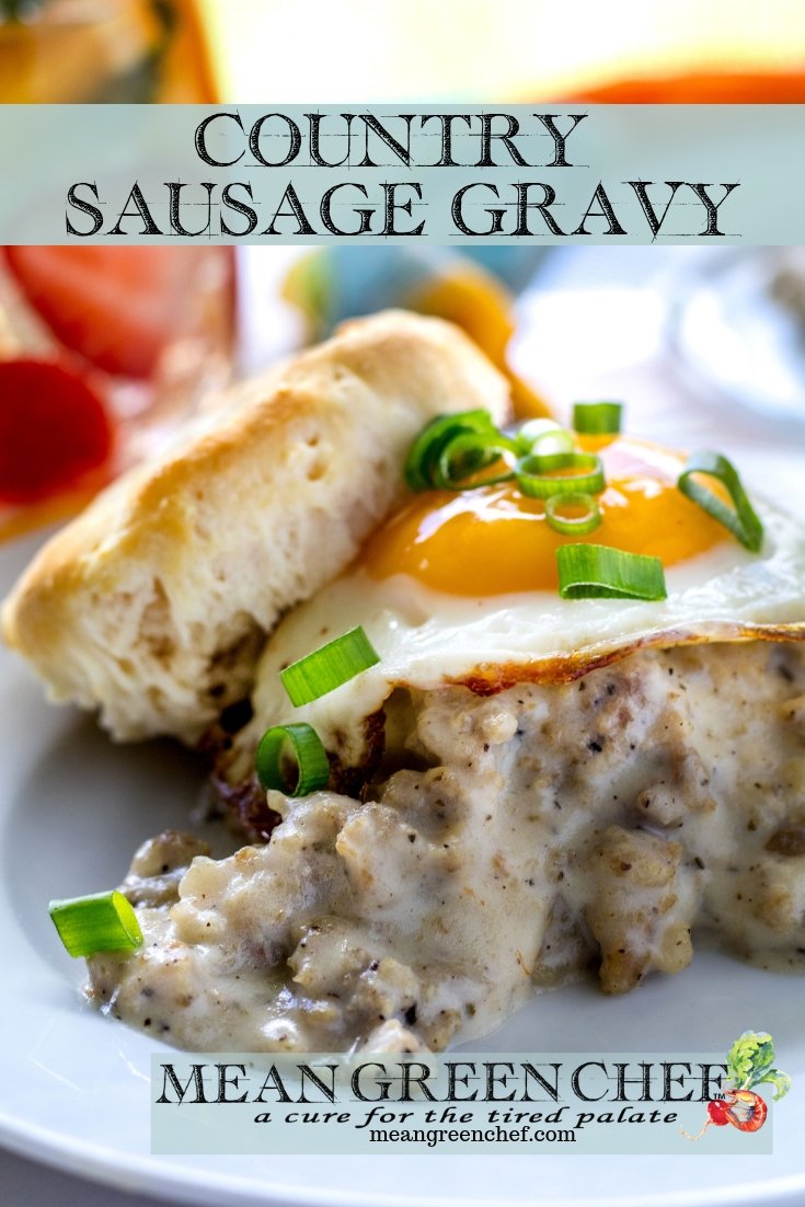 Country Sausage Gravy, served over fluffy buttermilk biscuits and topped with a bright sunny side up egg.