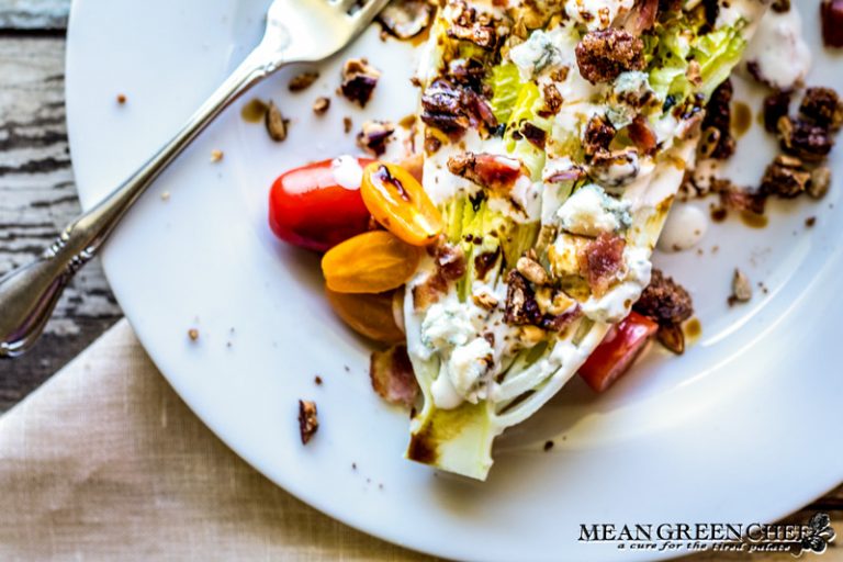 Romaine Blue Cheese Wedge Salad with bacon and balsamic reduction.