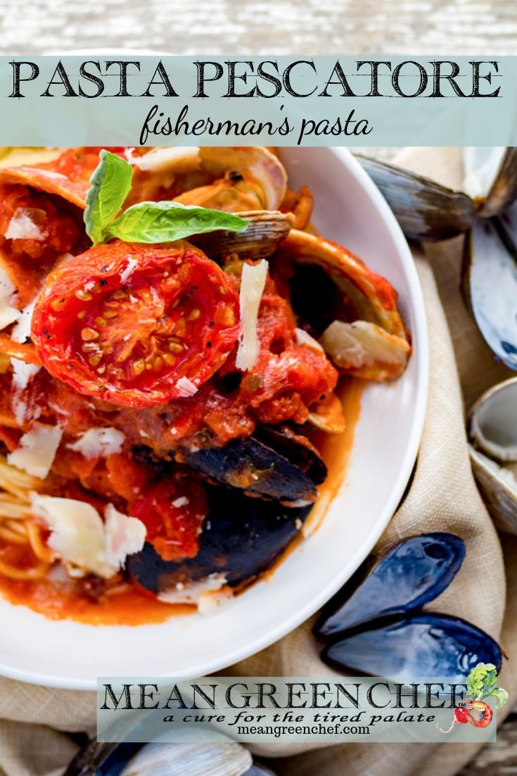 White bowl with Pasta Pescatore ready to be served.