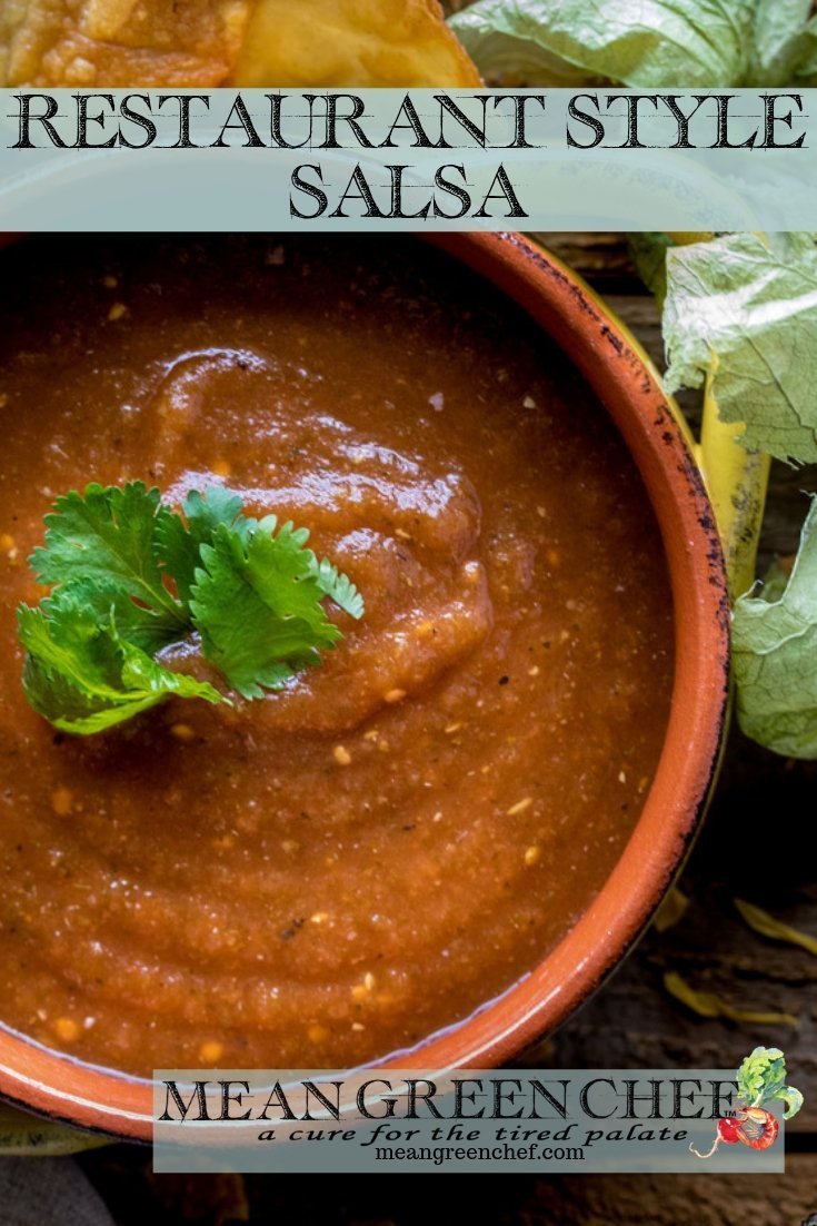 Restaurant Style Salsa Recipe with freshly made tortilla chips to the left hand side.