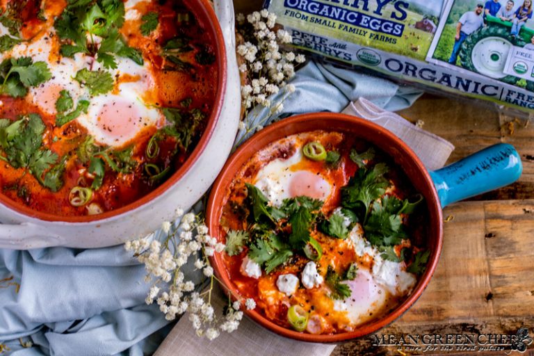 Shakshuka with goat cheese made with Pete and Gerry's Organic Eggs.