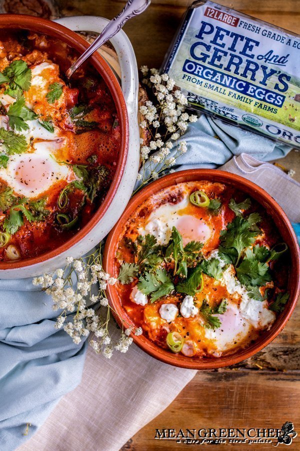 Shakshuka with goat cheese made with Pete and Gerry's Organic Eggs.