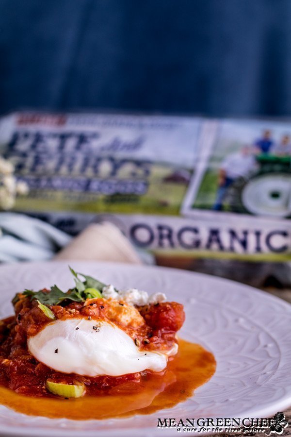 Plate of Shakshuka with Pete and Gerry's Organic Eggs in the background.