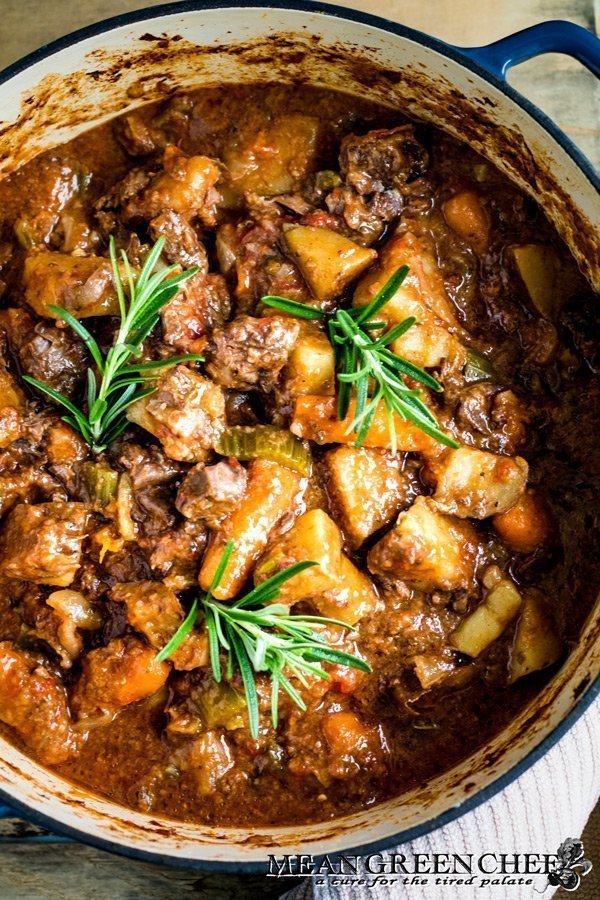 Old Fashioned Beef Stew in a Dutch Oven.
