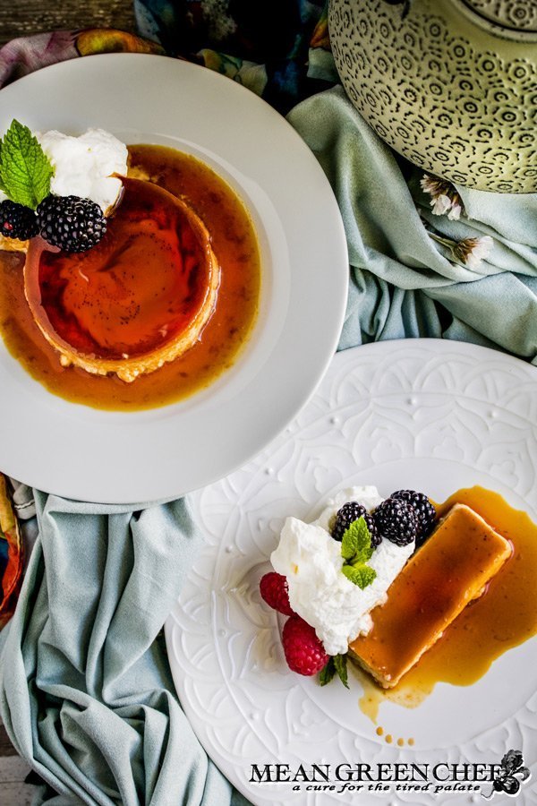 Overhead shot of Classic Flan with berries and mint.